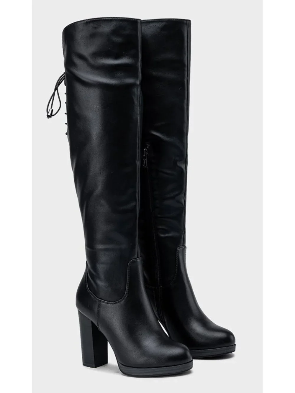 Women's Black Pu Block Heel Round Toe Faux Suede Over The Knee Thigh High Boots